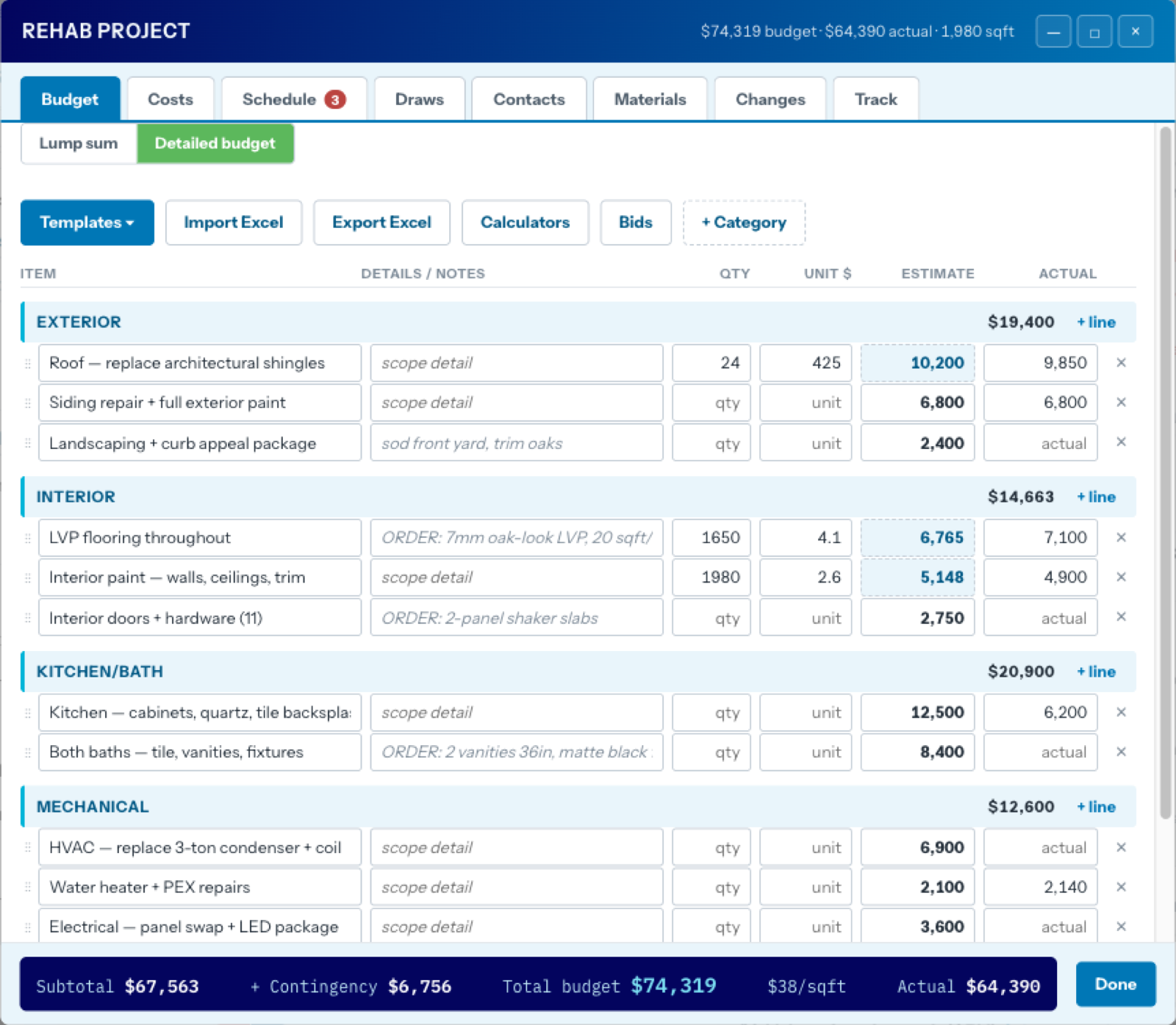 The budget builder: category bands, qty-times-unit-cost lines, bid columns, and a live totals bar