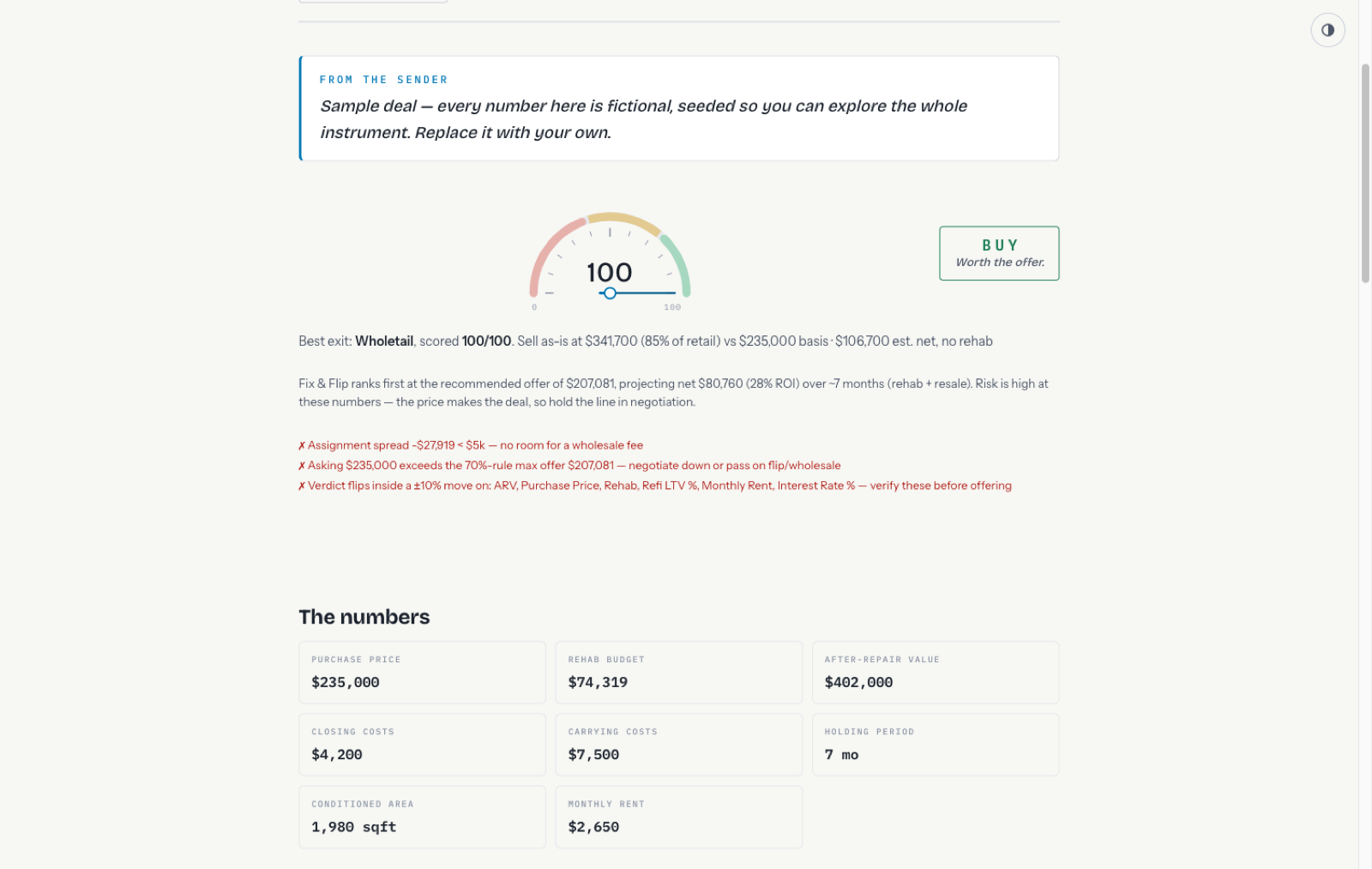 A shared deal report: score gauge, verdict stamp, exit reasoning, and deal killers on a clean printable page